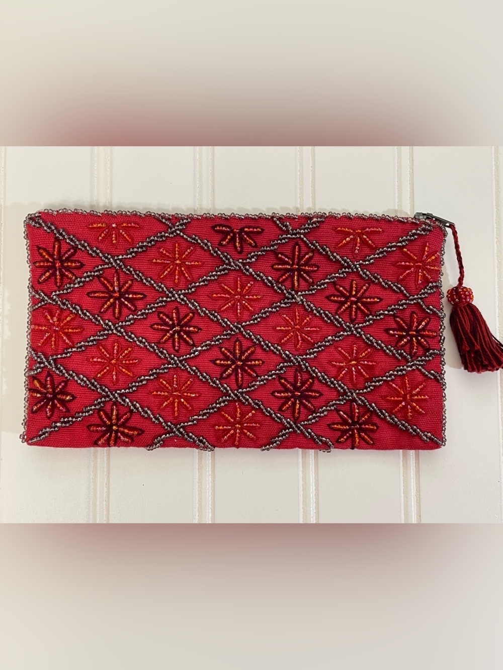 Handmade Red Purple Beaded Tassel Clutch Purse Bag - Picture 3 of 6